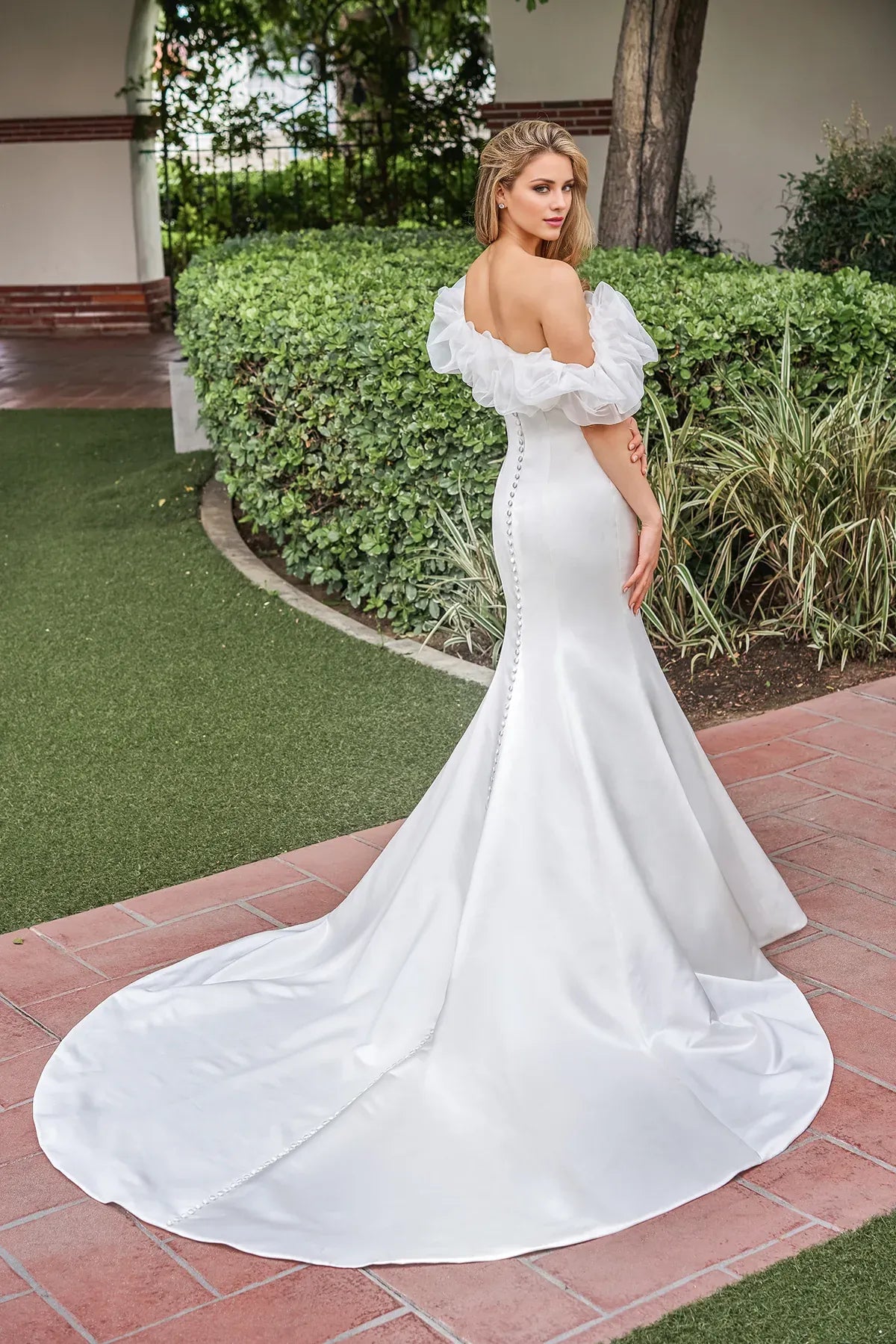 Romantic Off‑the‑Shoulder Organza Ruffle Satin Mermaid Low Back Pearl Train Garden Wedding Dress