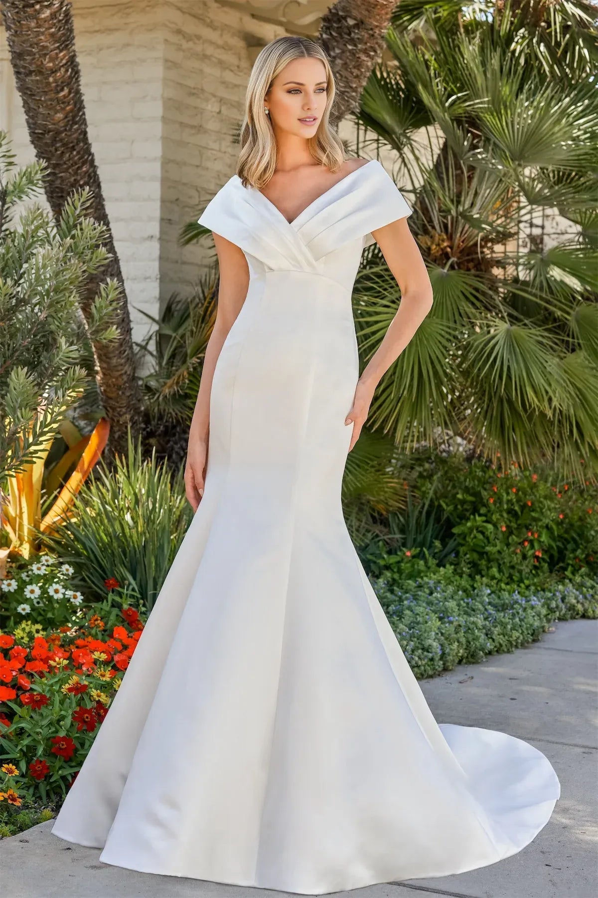 Romantic Off‑the‑Shoulder Satin Mermaid Bow Back Pearl Train Garden Wedding Dress
