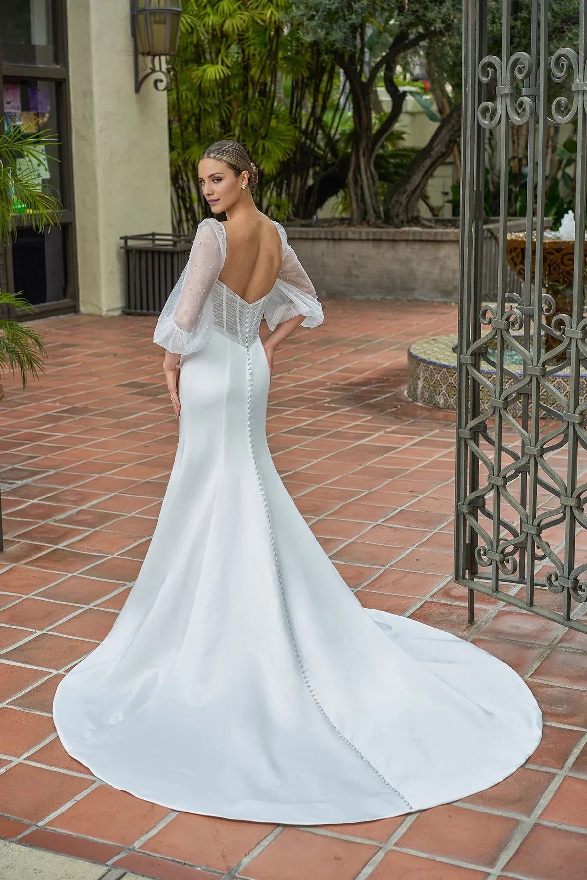 Romantic Puff‑Sleeve Satin Mermaid Beaded‑Corset Low‑Back Pearl‑Train Wedding Dress