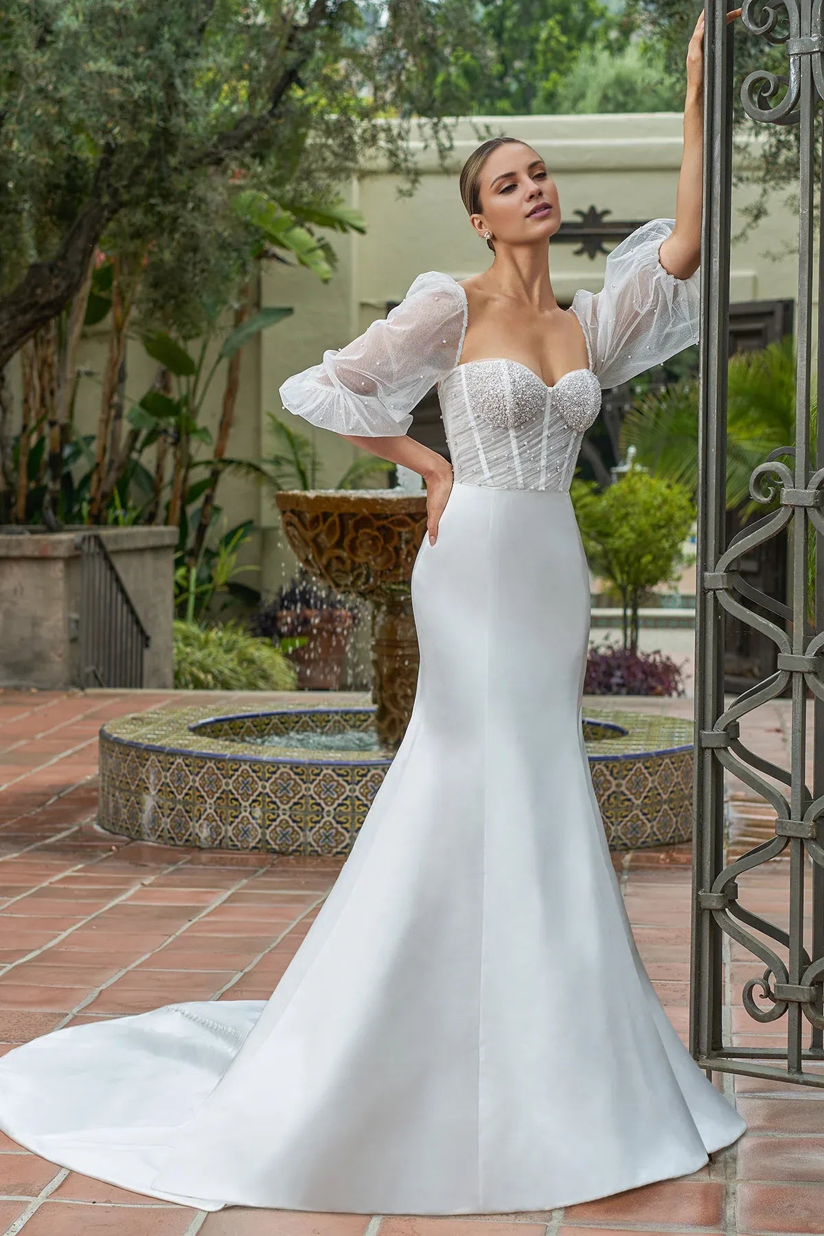 Romantic Puff‑Sleeve Satin Mermaid Beaded‑Corset Low‑Back Pearl‑Train Wedding Dress