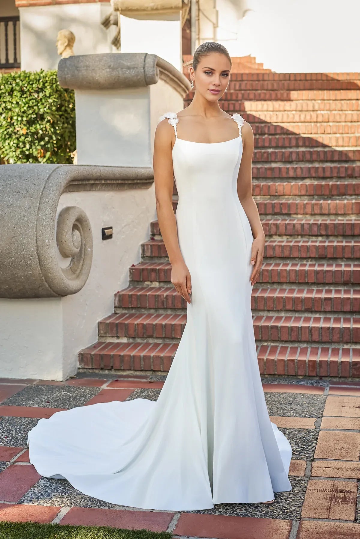 Romantic Spaghetti Strap Crepe Mermaid Low Back Floral Bead Train Wedding Dress