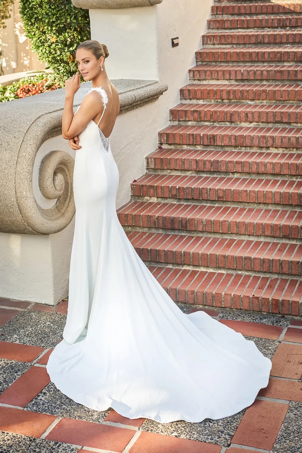 Romantic Spaghetti Strap Crepe Mermaid Low Back Floral Bead Train Wedding Dress