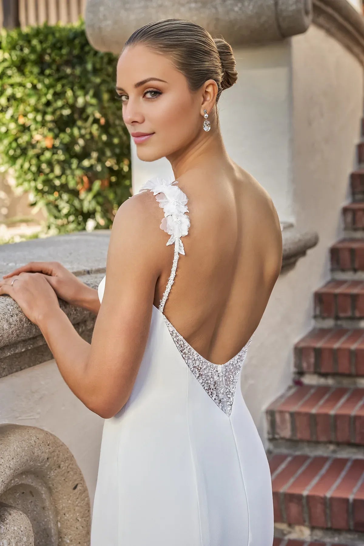 Romantic Spaghetti Strap Crepe Mermaid Low Back Floral Bead Train Wedding Dress