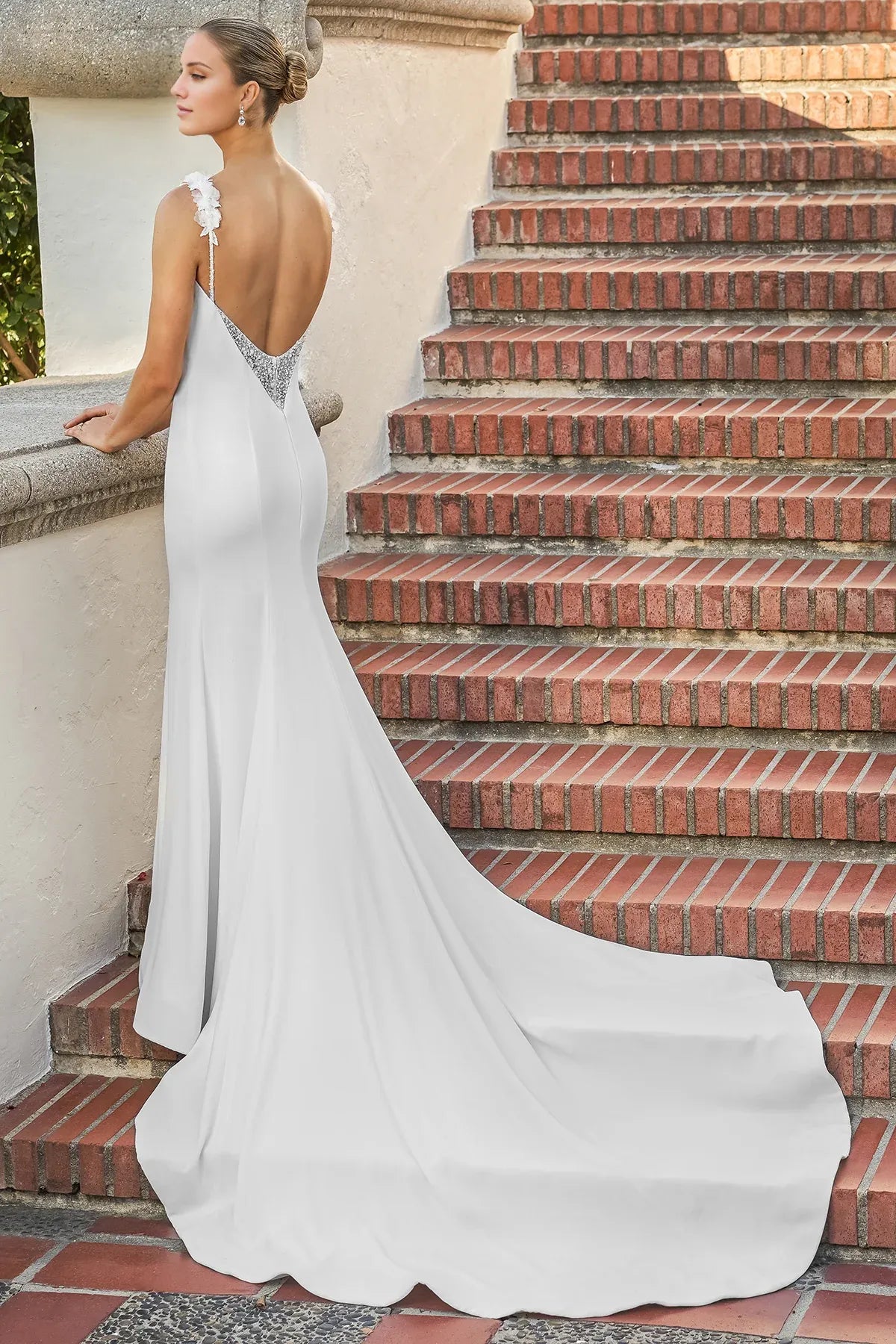 Romantic Spaghetti Strap Crepe Mermaid Low Back Floral Bead Train Wedding Dress