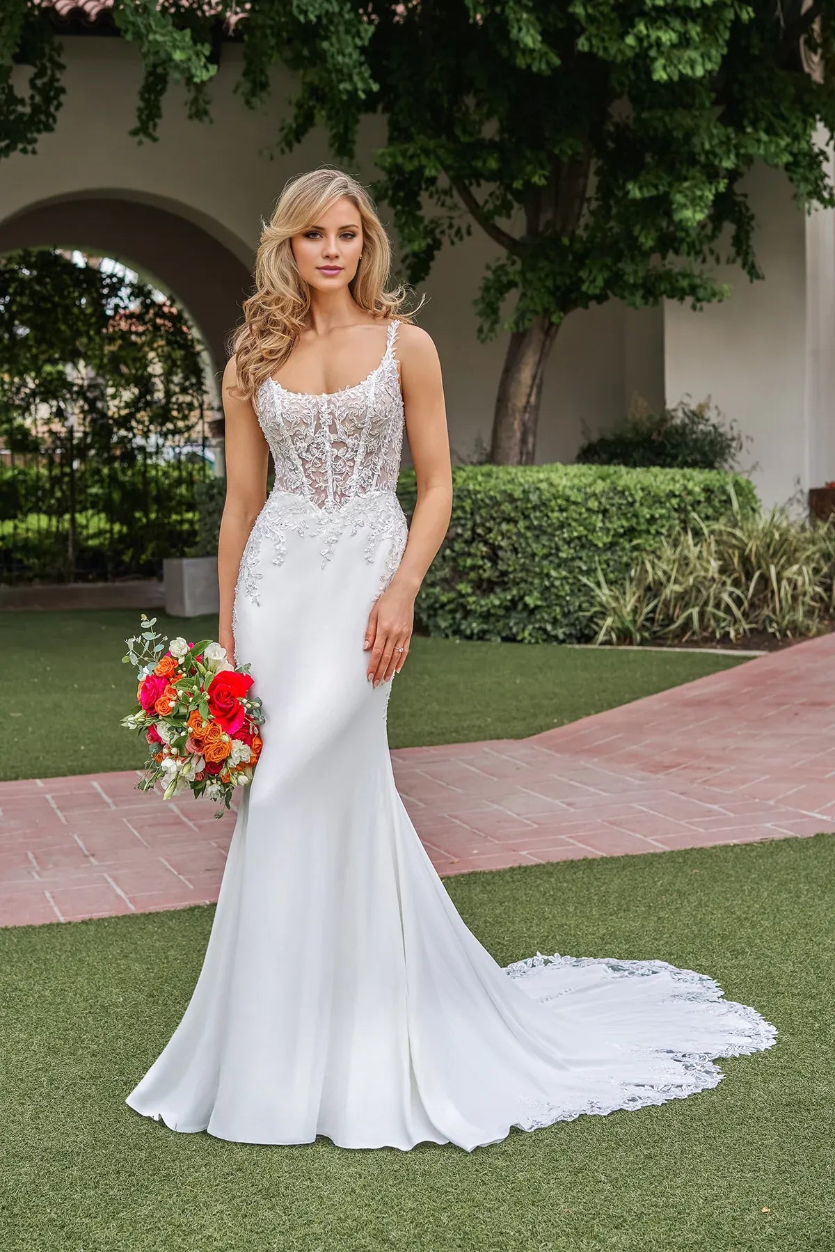 Romantic Spaghetti Strap Lace Appliqué Crepe Mermaid Low Back Pearl Lace Train Garden Wedding Dress