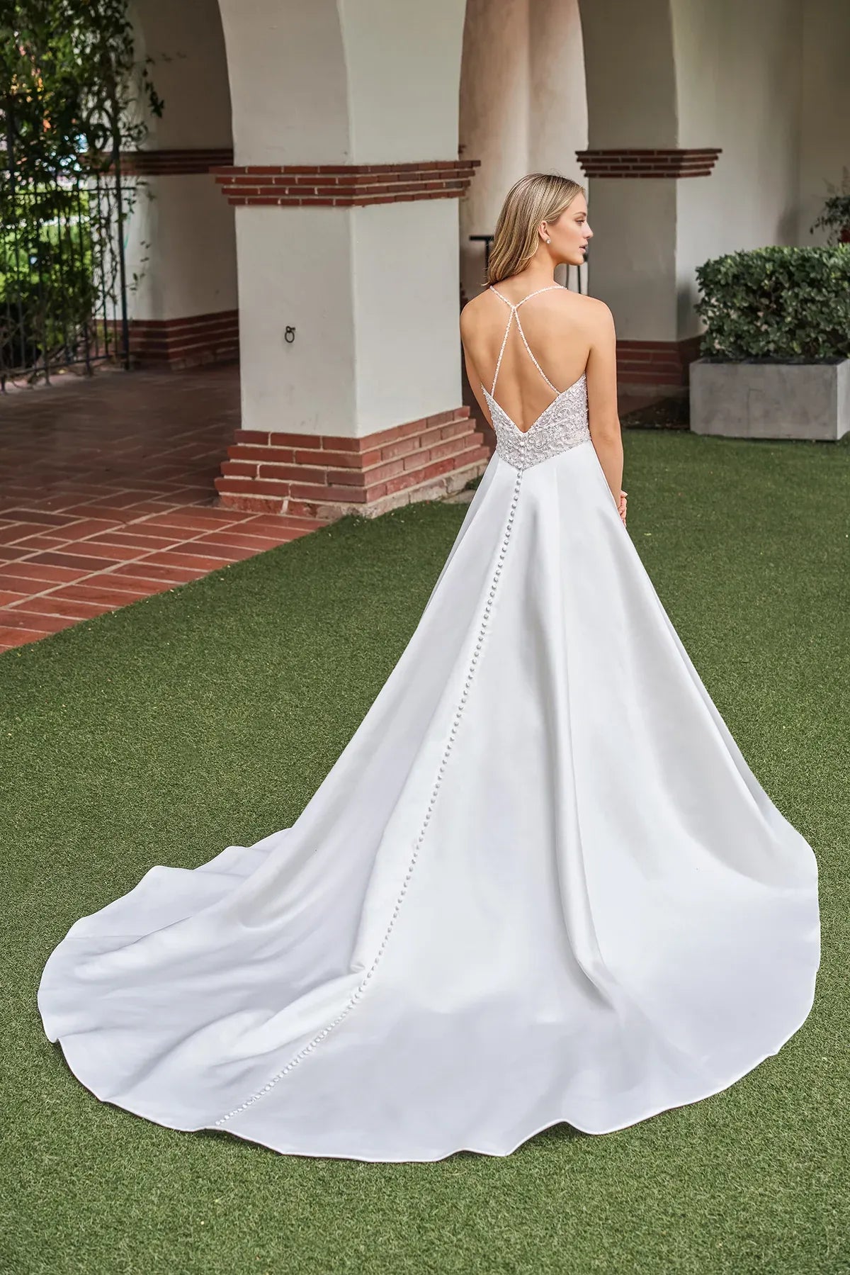 Romantic Spaghetti Strap Lace Beaded Satin A‑Line Crisscross Back Pearl Train Garden Wedding Dress