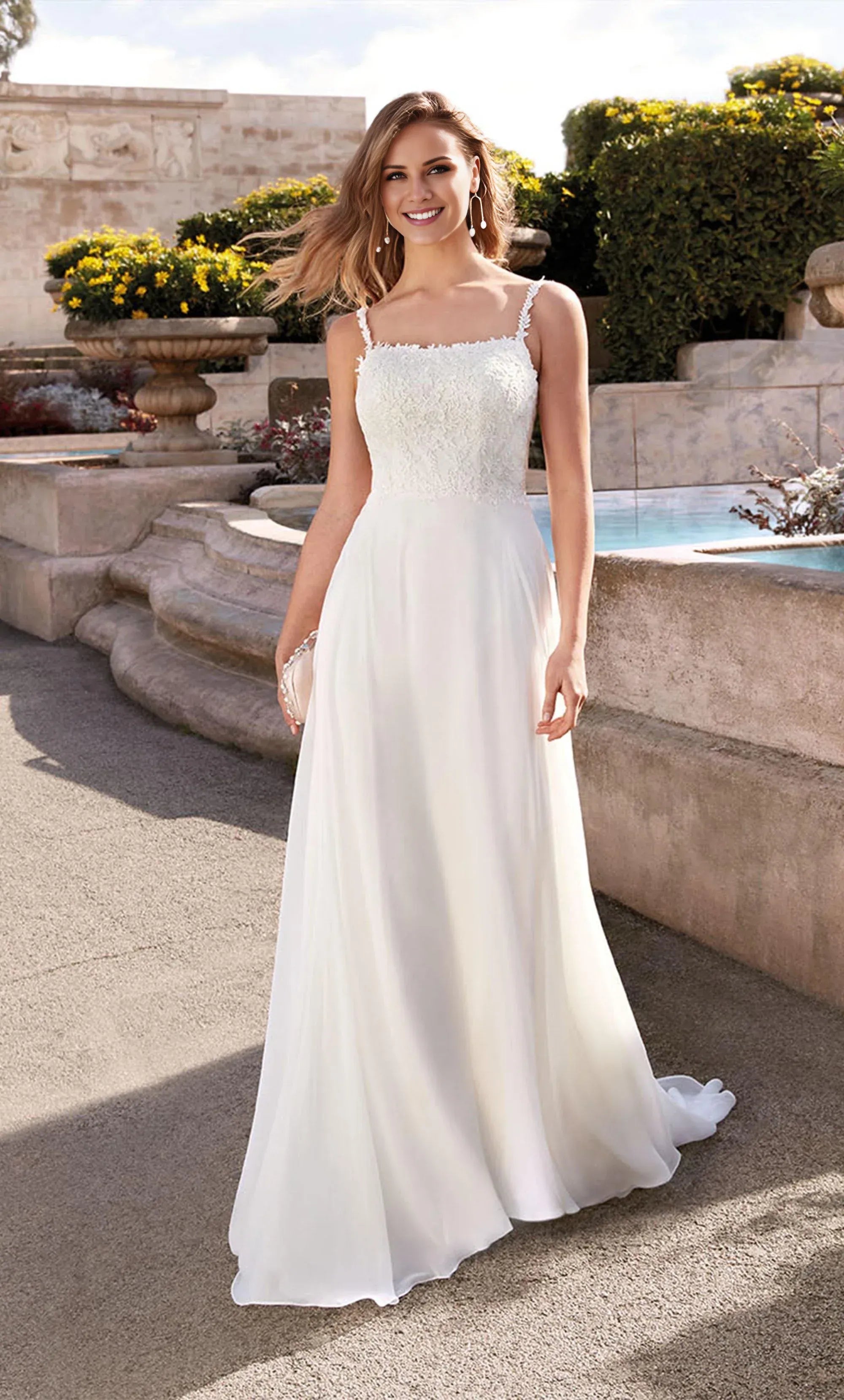 Romantic Spaghetti‑Strap Lace‑Bodice Chiffon A‑Line Lace‑Up‑Back Wedding Dress