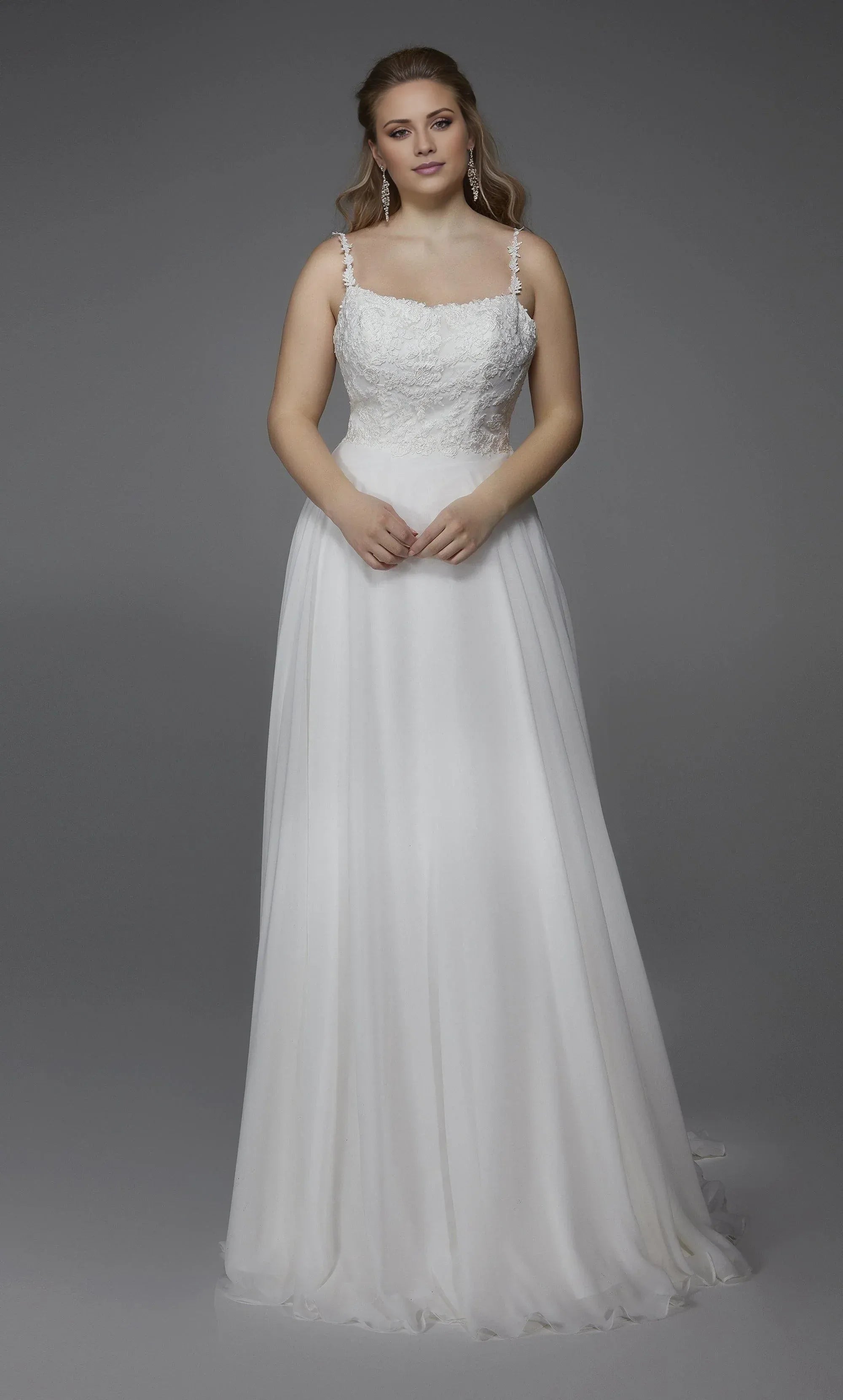 Romantic Spaghetti‑Strap Lace‑Bodice Chiffon A‑Line Lace‑Up‑Back Wedding Dress