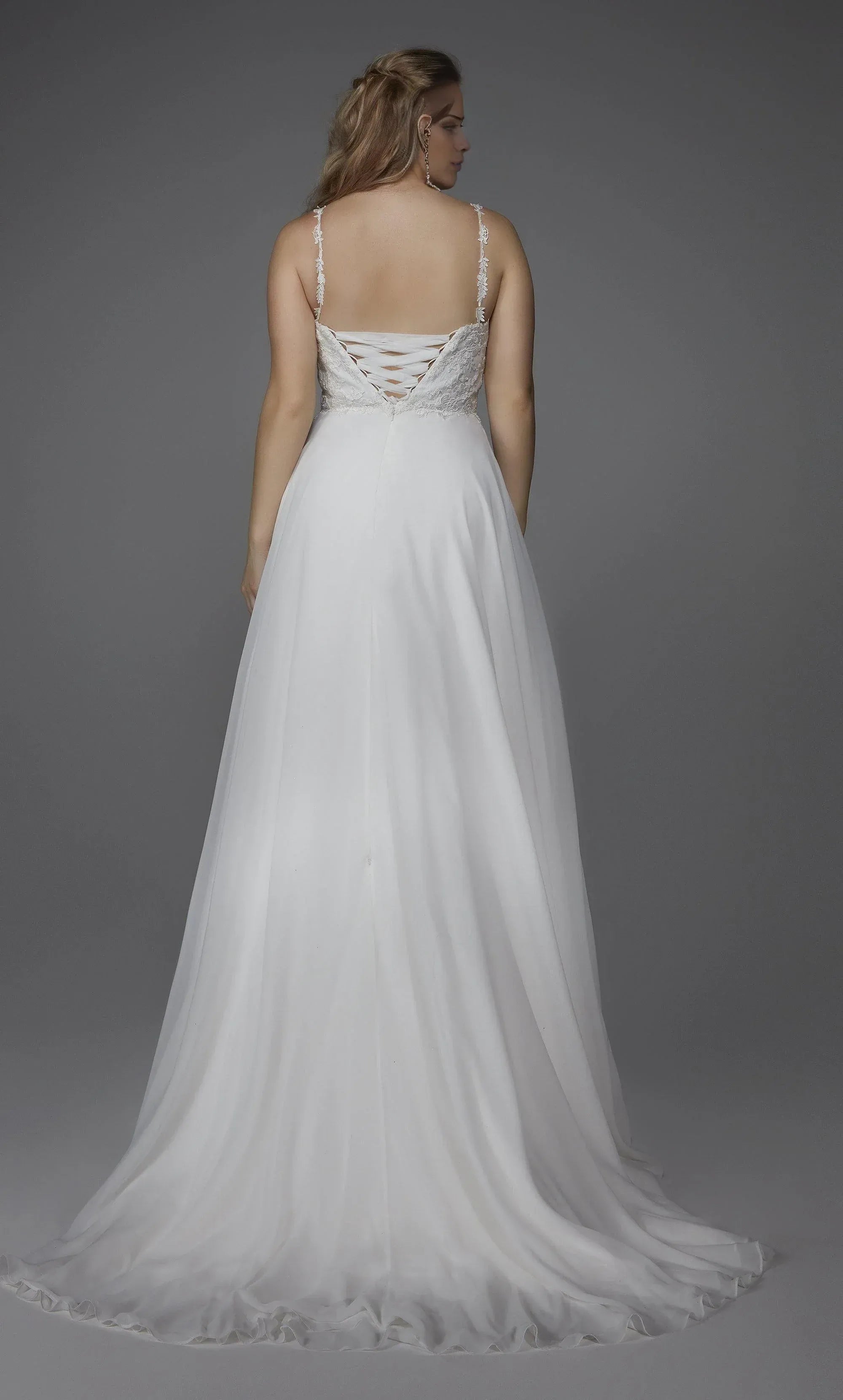 Romantic Spaghetti‑Strap Lace‑Bodice Chiffon A‑Line Lace‑Up‑Back Wedding Dress