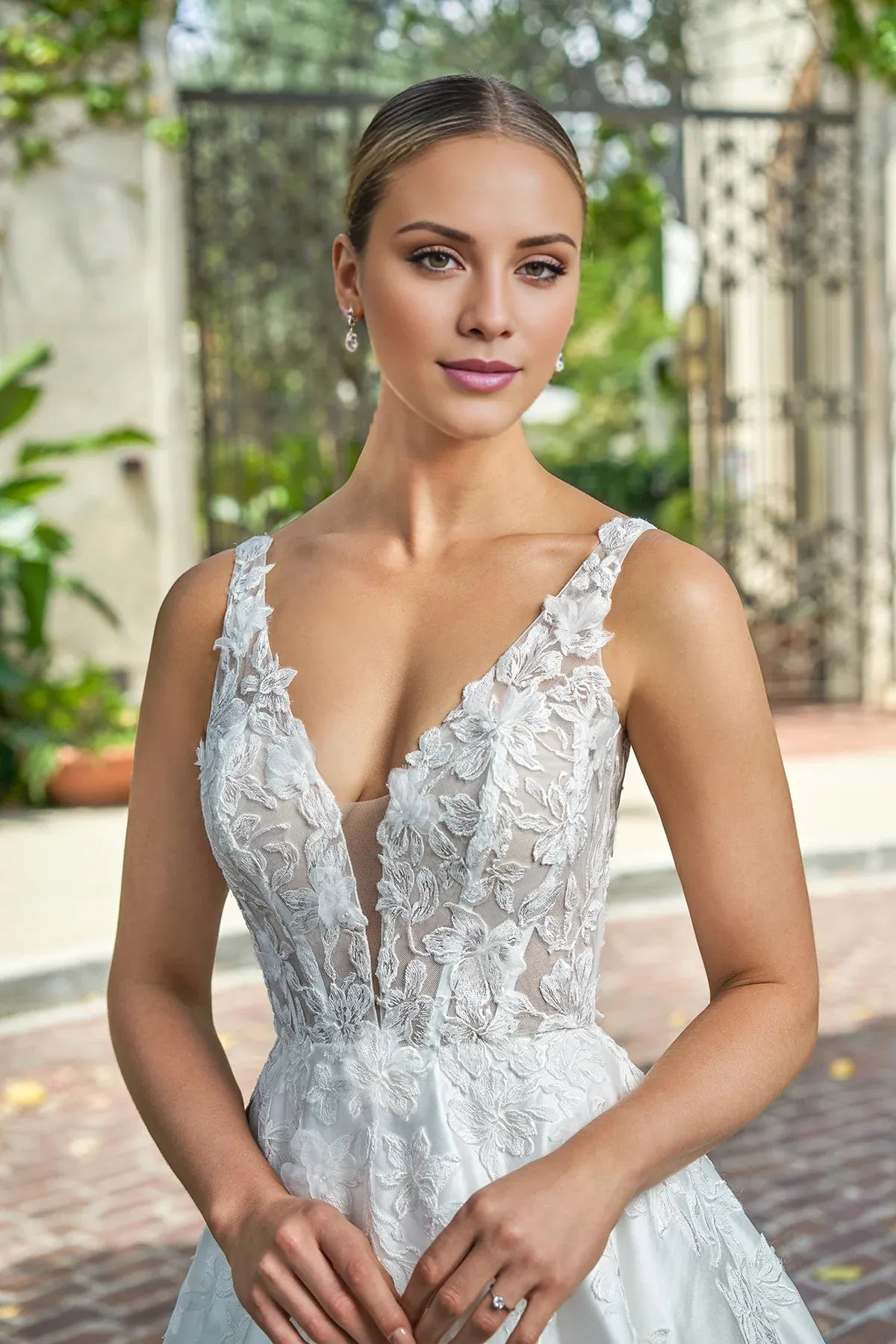 Romantic Spaghetti‑Strap Satin Lace A‑Line Low‑Back Floral‑Appliqué Wedding Dress