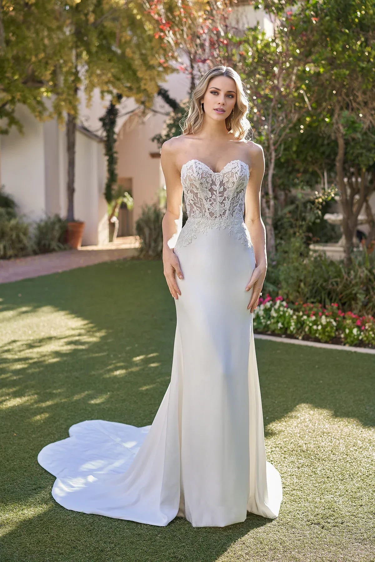 Romantic Strapless Sweetheart Lace Crepe Mermaid Low Back Scalloped Train Garden Wedding Dress