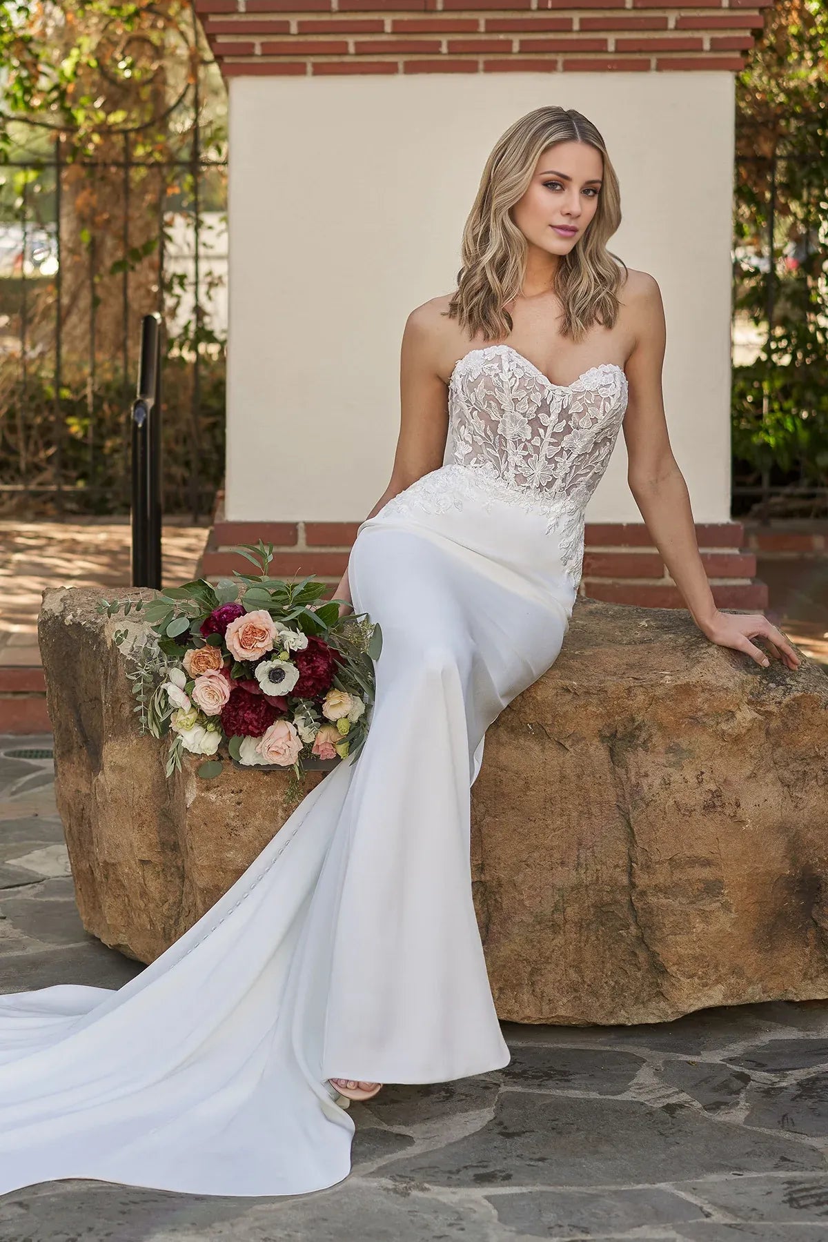 Romantic Strapless Sweetheart Lace Crepe Mermaid Low Back Scalloped Train Garden Wedding Dress