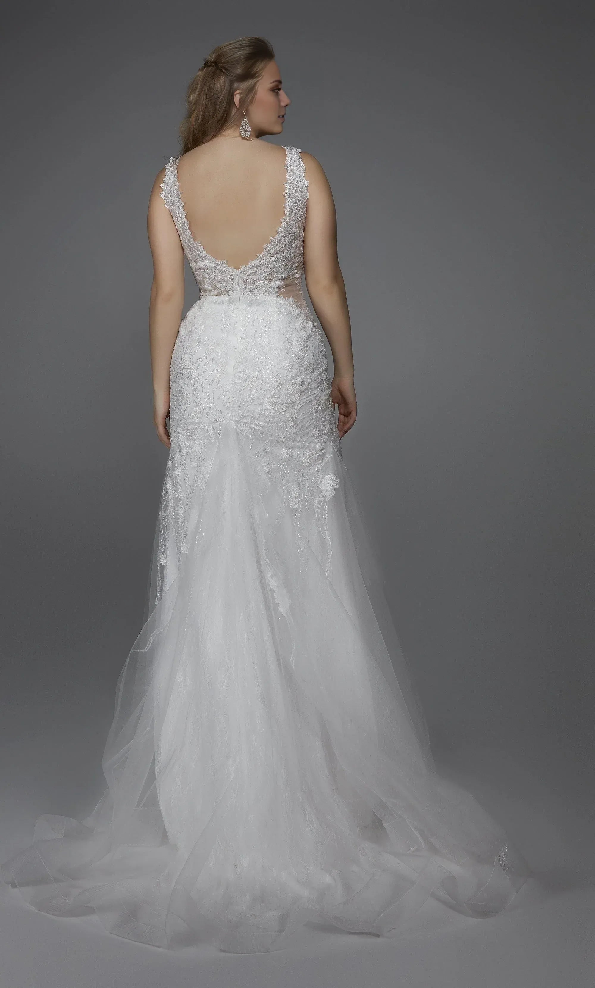 Romantic V‑Neck Lace‑Appliqué Mermaid Sheer‑Side Low‑Back Wedding Dress
