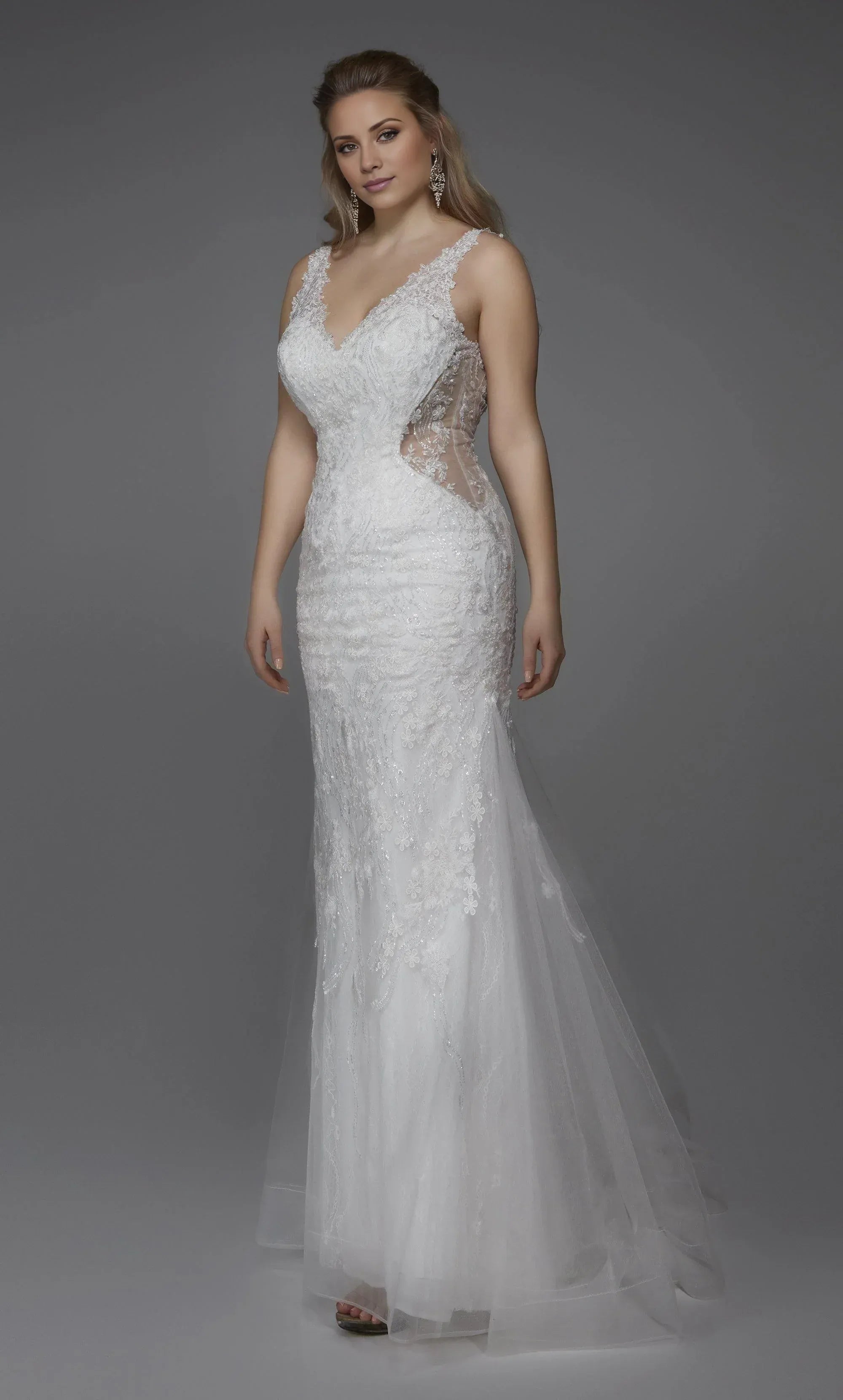 Romantic V‑Neck Lace‑Appliqué Mermaid Sheer‑Side Low‑Back Wedding Dress