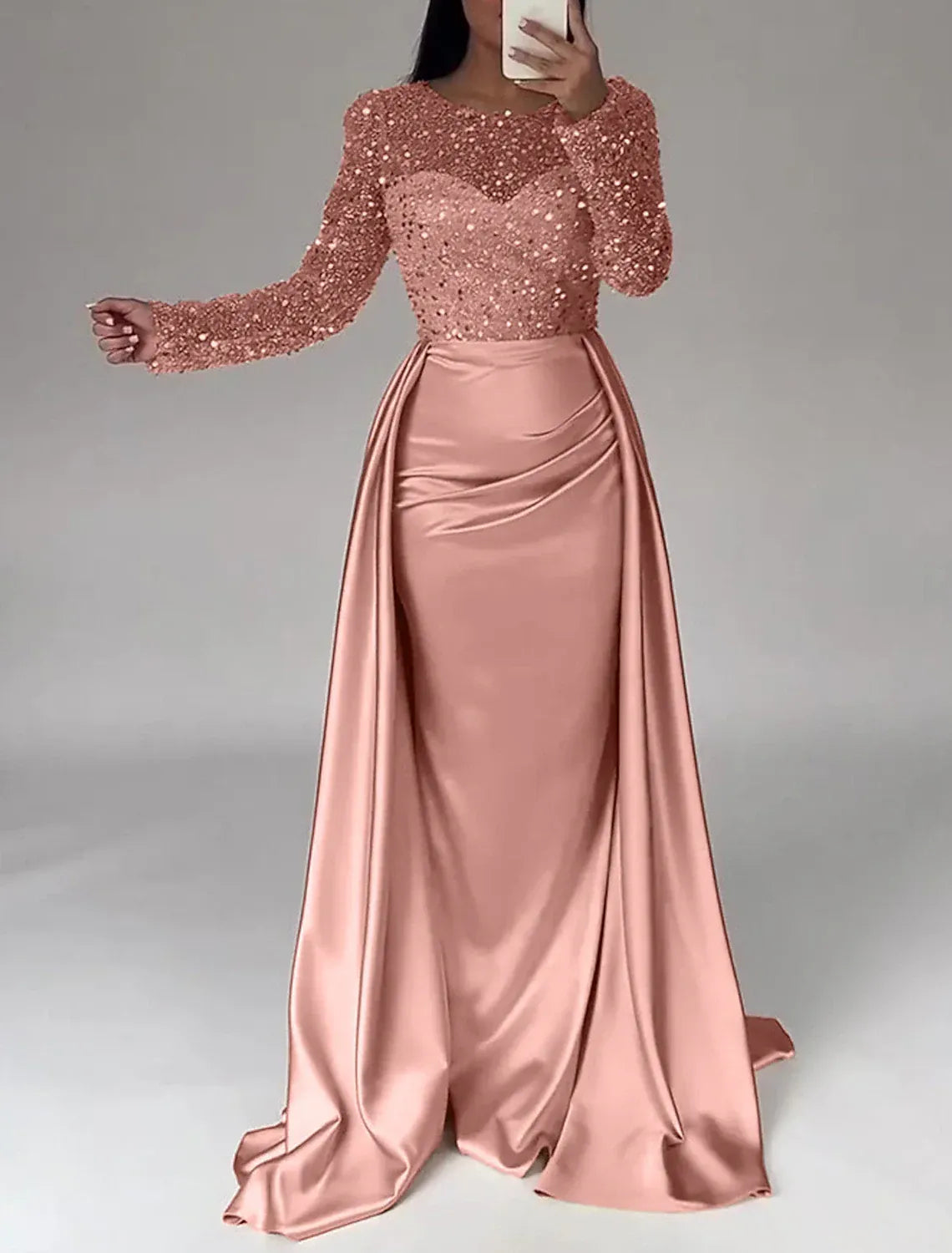 Rose Gold Floor-Length Long-Sleeve Sequined Mermaid Wedding Guest Dress