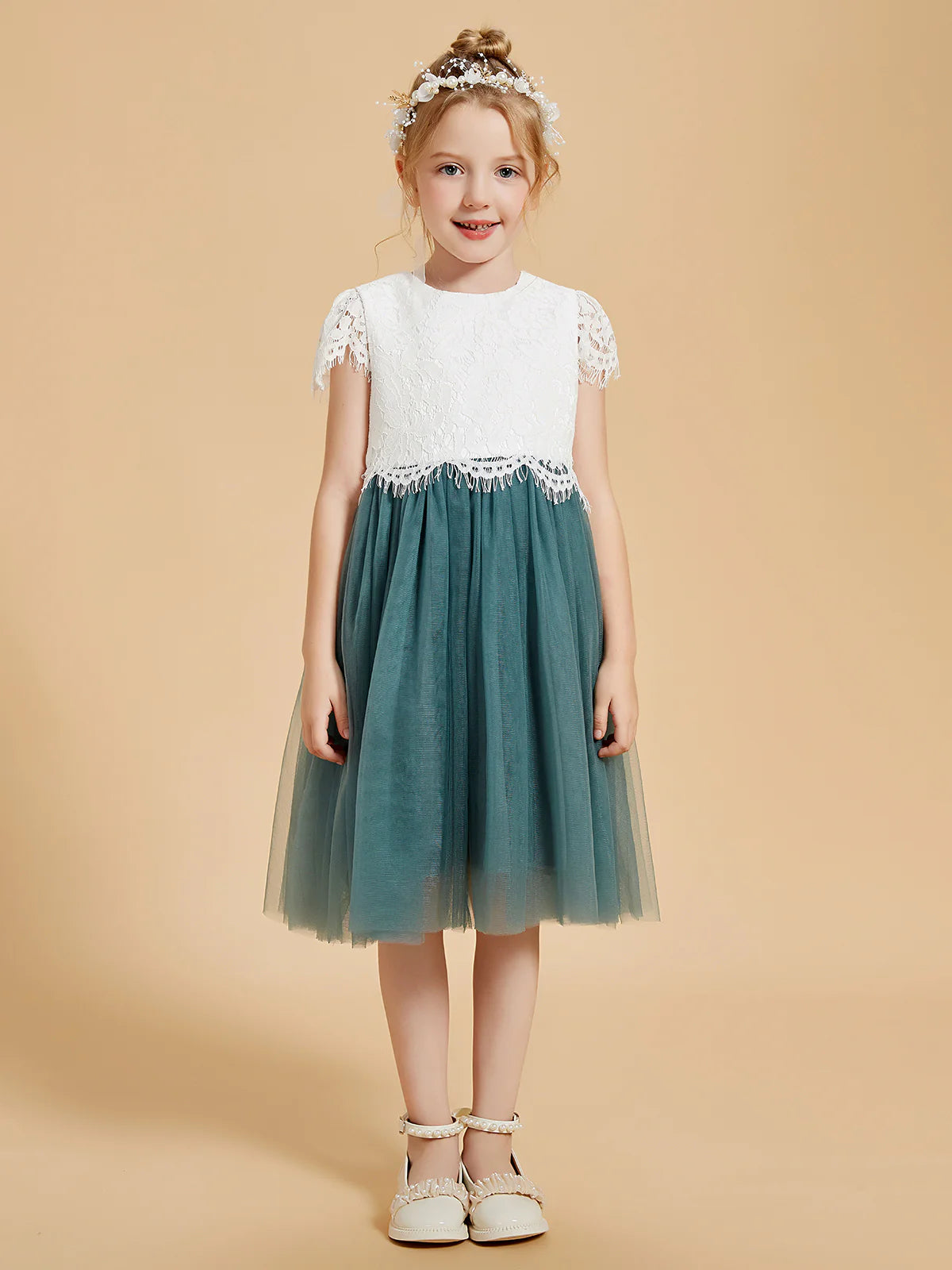 Round Cap Short Fringe Lace Two-Tone Green Tulle Midi Swing Flower Girl Dresses