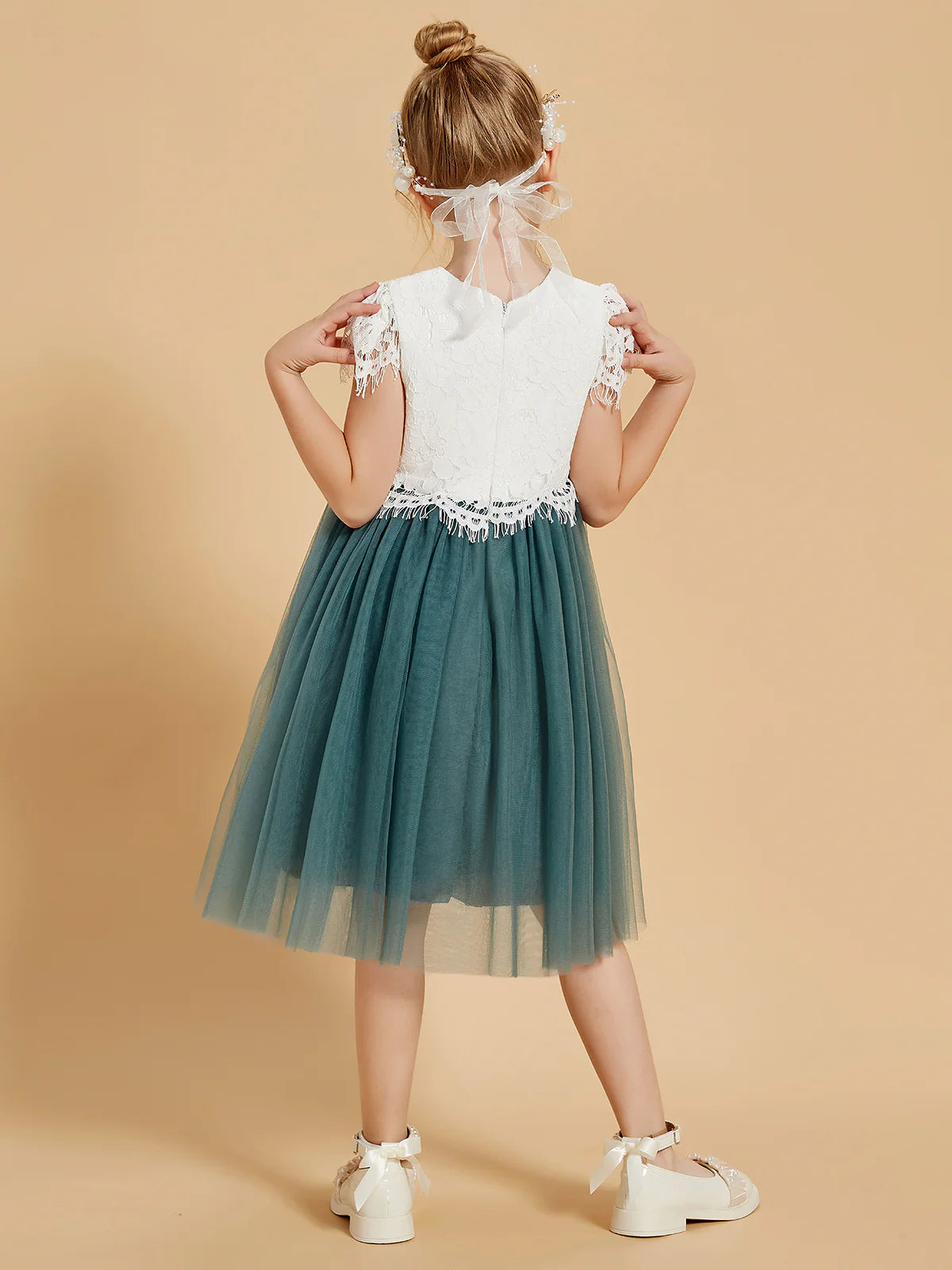 Round Cap Short Fringe Lace Two-Tone Green Tulle Midi Swing Flower Girl Dresses