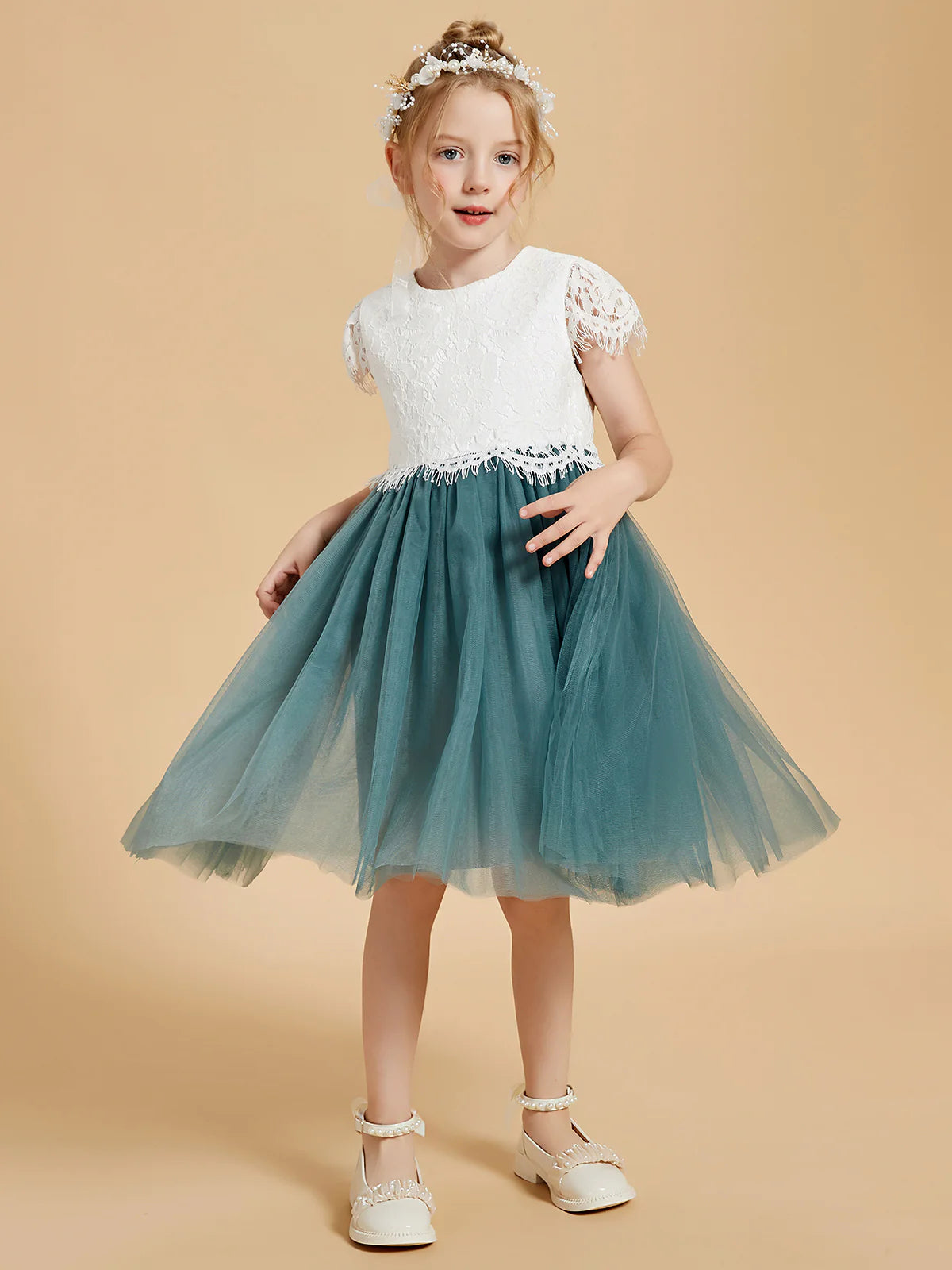 Round Cap Short Fringe Lace Two-Tone Green Tulle Midi Swing Flower Girl Dresses