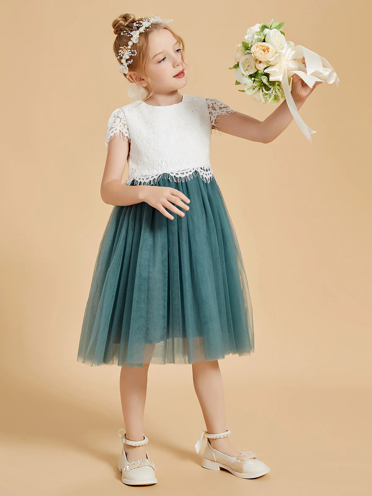 Round Cap Short Fringe Lace Two-Tone Green Tulle Midi Swing Flower Girl Dresses
