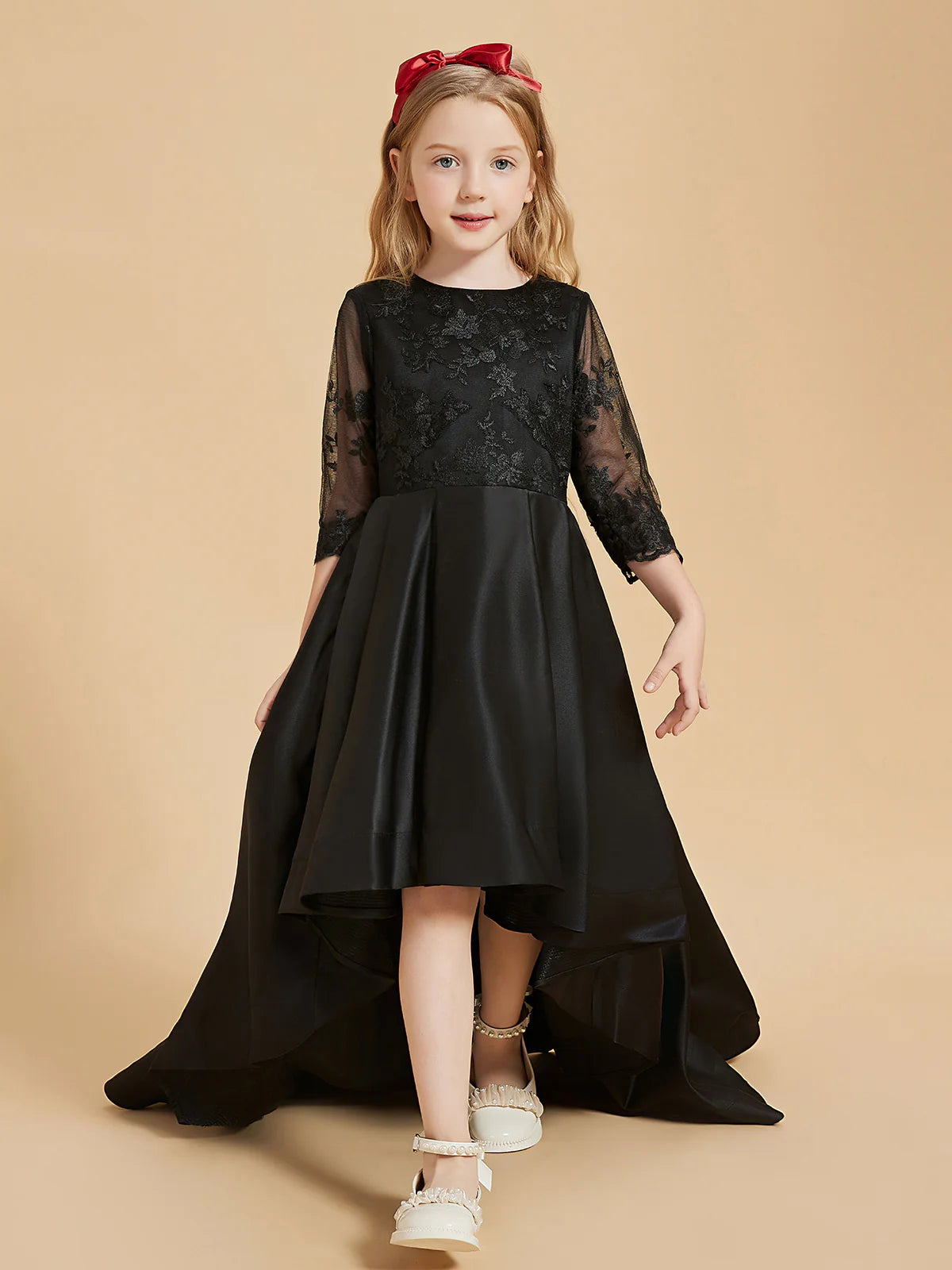 Round Neck 3/4 Lace Sleeve Black Satin High Low Train Flower Girl Dresses