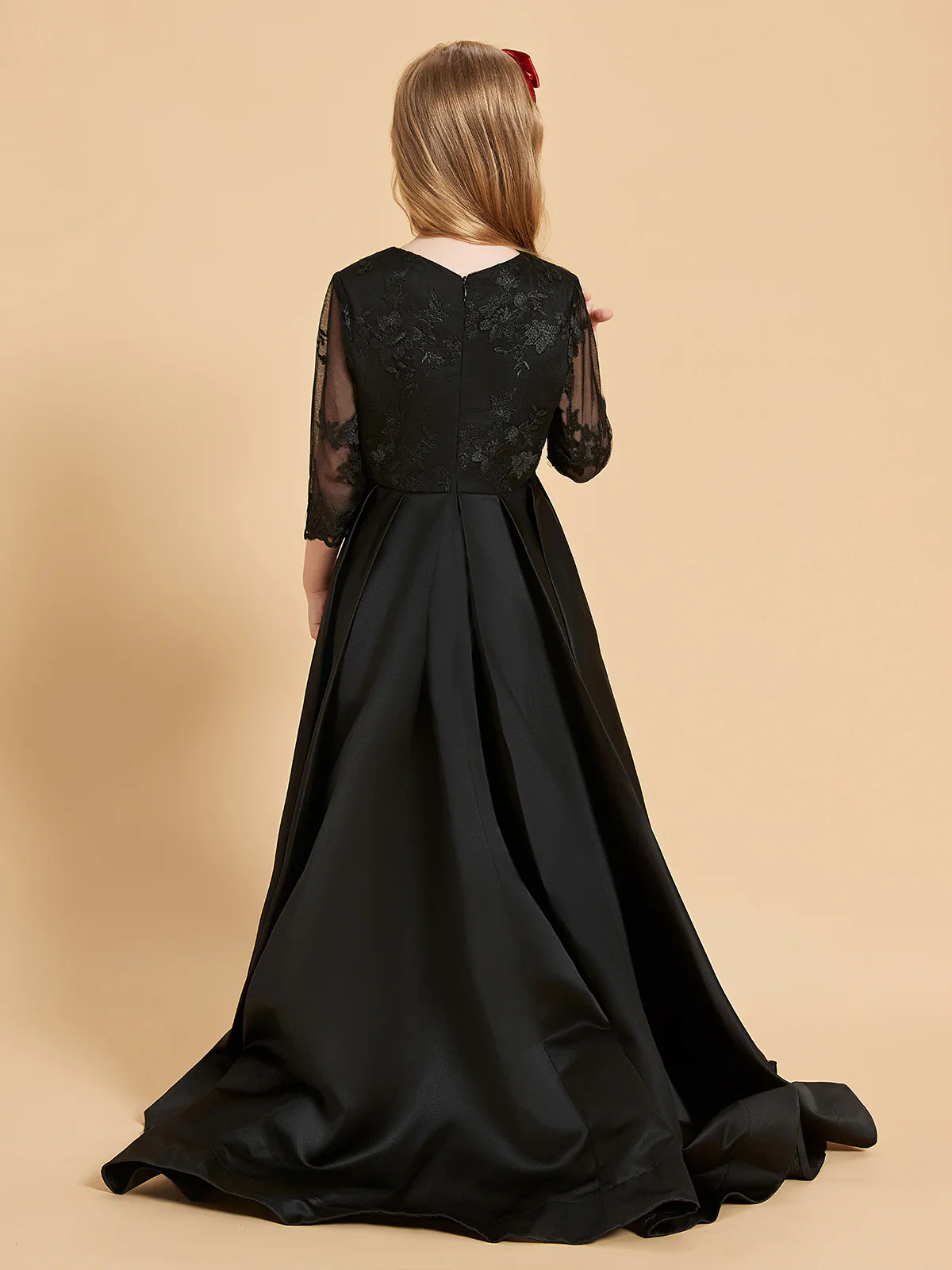 Round Neck 3/4 Lace Sleeve Black Satin High Low Train Flower Girl Dresses