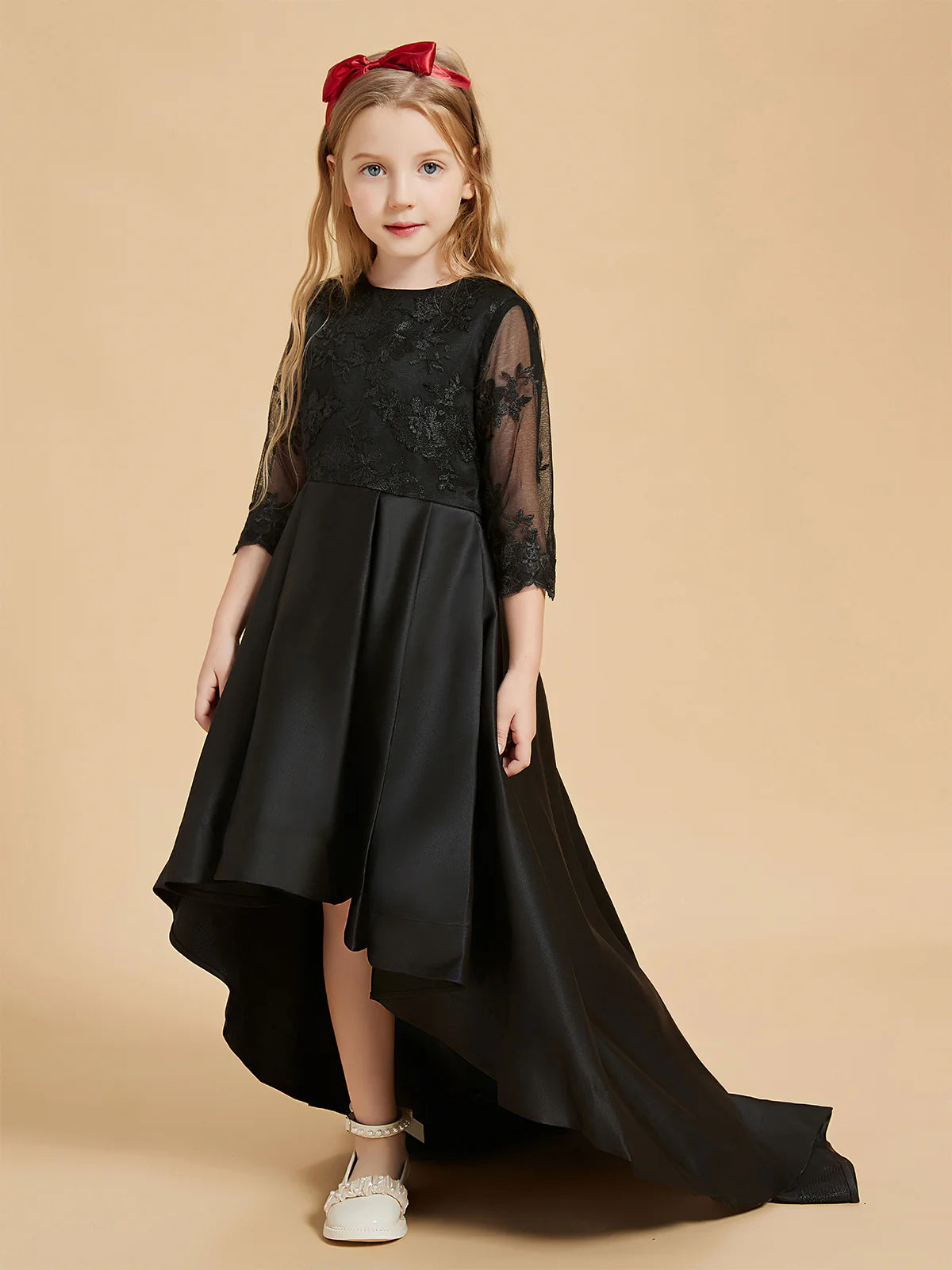 Round Neck 3/4 Lace Sleeve Black Satin High Low Train Flower Girl Dresses