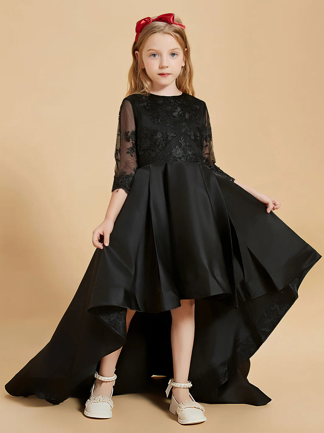 Round Neck 3/4 Lace Sleeve Black Satin High Low Train Flower Girl Dresses