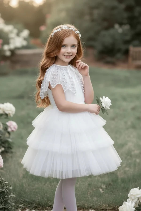 Round Neck Beaded Capelet White Tiered Tulle Midi First Communion Dresses