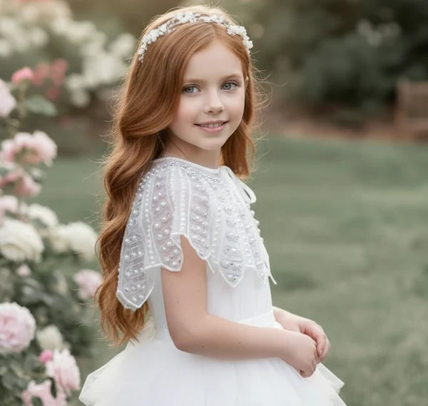 Round Neck Beaded Capelet White Tiered Tulle Midi First Communion Dresses