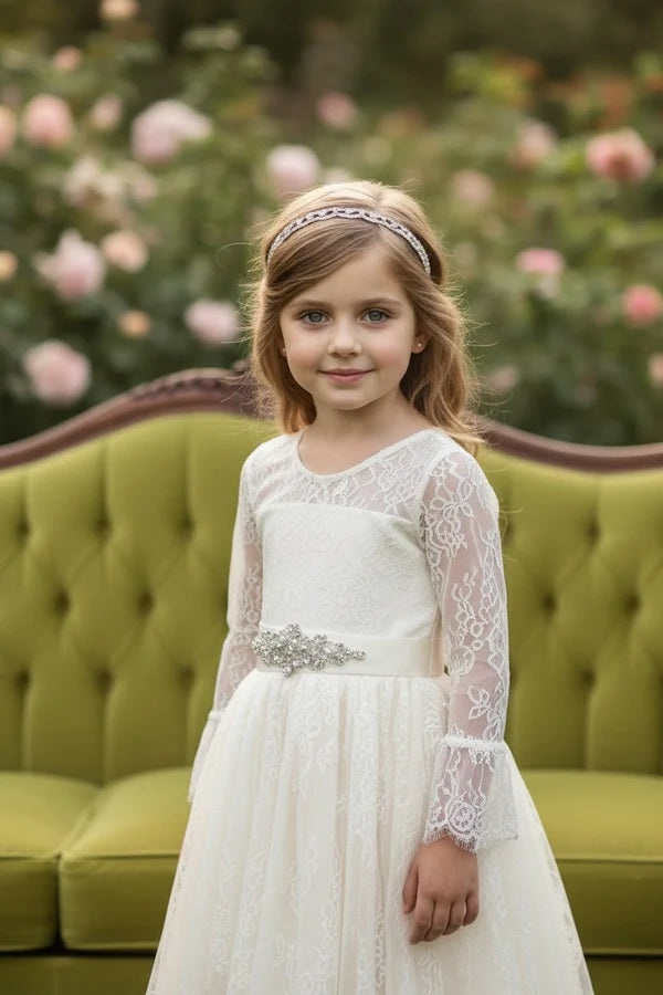 Round Neck Bell Sleeve White Lace Hi-Low First Communion Dresses