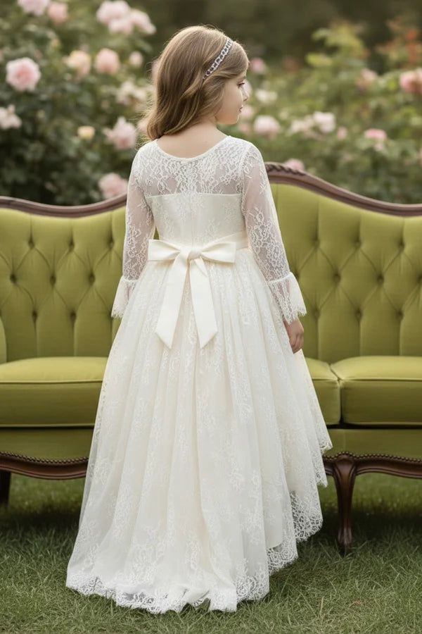 Round Neck Bell Sleeve White Lace Hi-Low First Communion Dresses