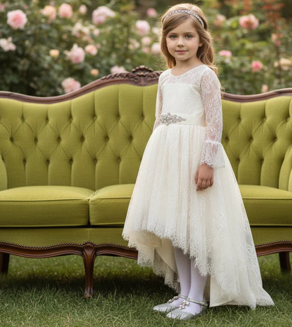 Round Neck Bell Sleeve White Lace Hi-Low First Communion Dresses
