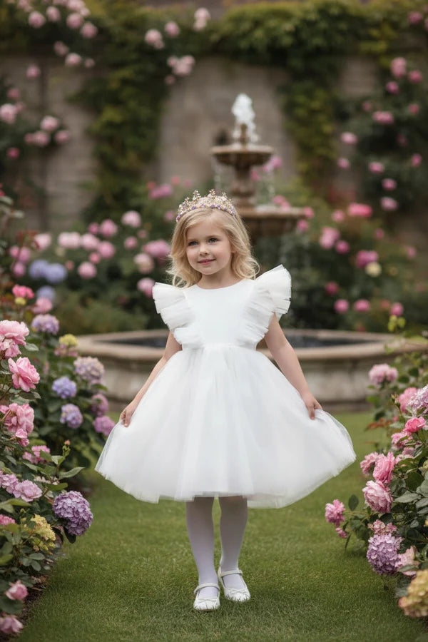 Round Neck Big Ruffle Sleeveless White Tulle Short First Communion Dresses