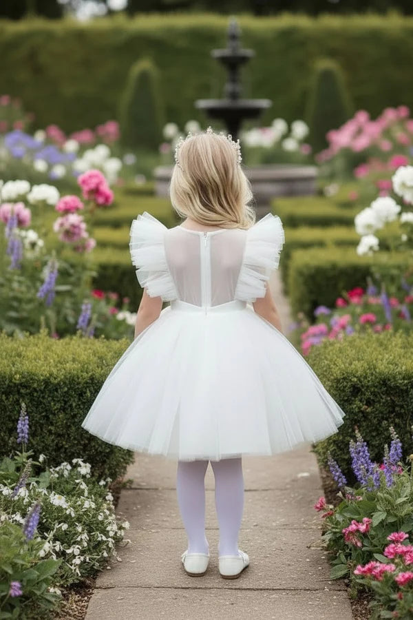 Round Neck Big Ruffle Sleeveless White Tulle Short First Communion Dresses