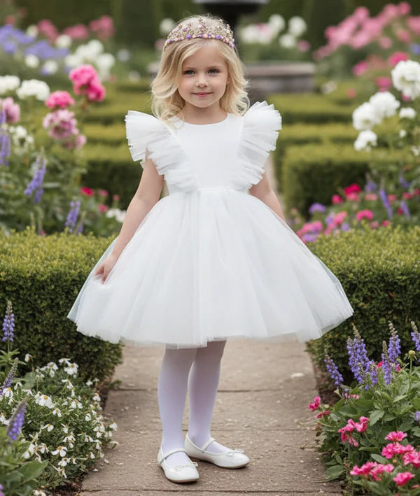 Round Neck Big Ruffle Sleeveless White Tulle Short First Communion Dresses