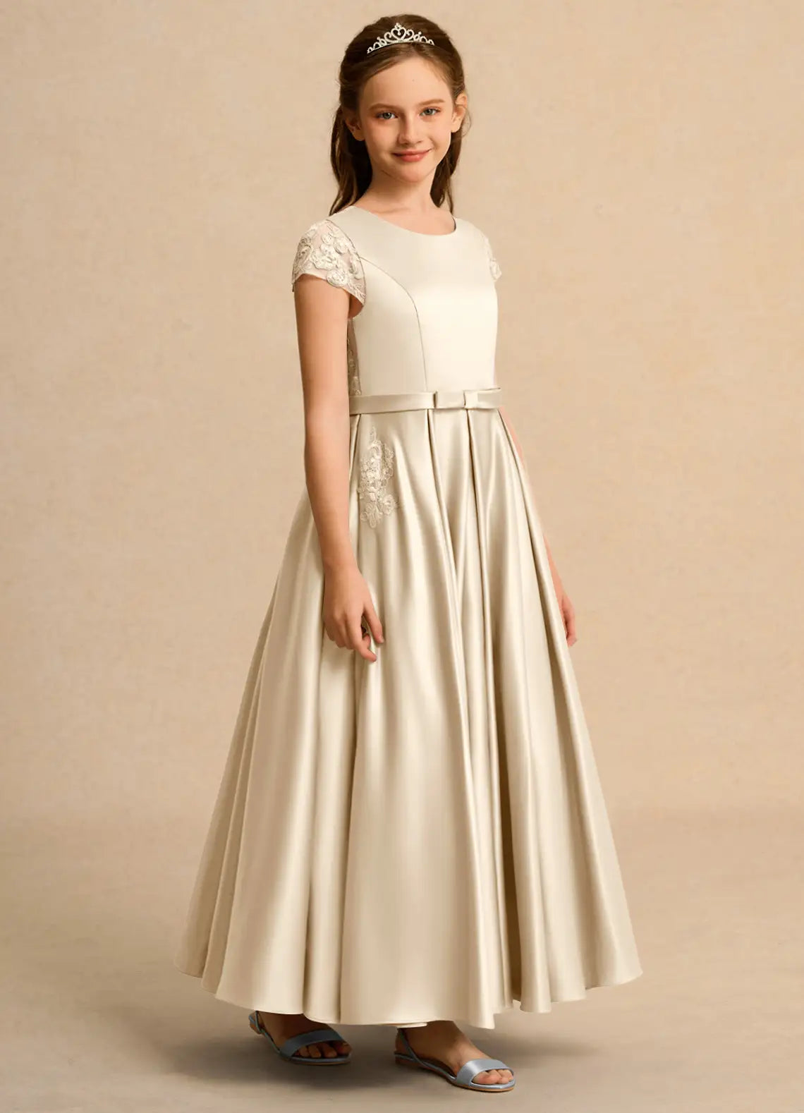 Round Neck Cap Sleeve Champagne Satin Full-Length Flower Girl Dresses with Lace Back, Waist Sash and Side Pockets