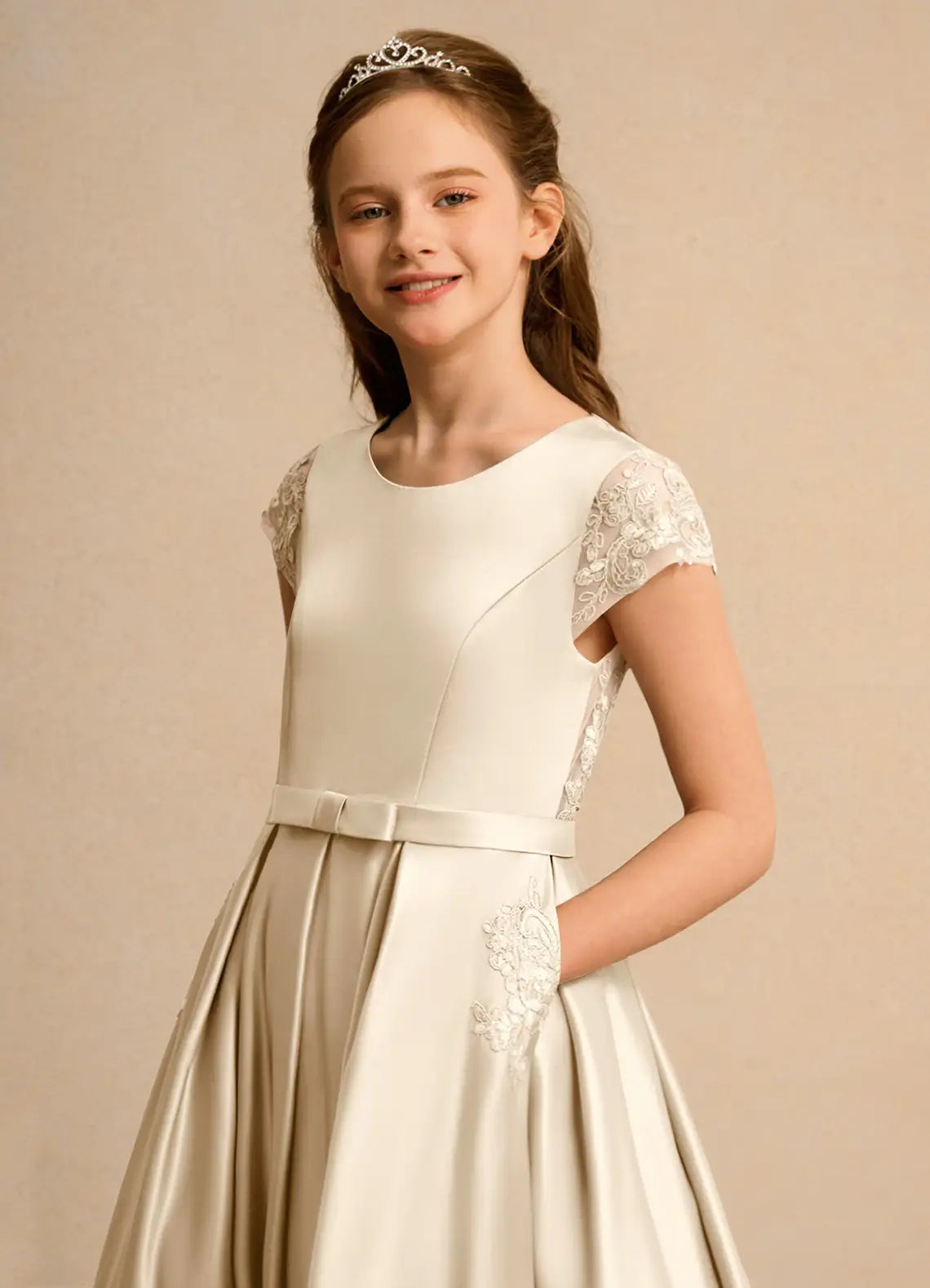 Round Neck Cap Sleeve Champagne Satin Full-Length Flower Girl Dresses with Lace Back, Waist Sash and Side Pockets