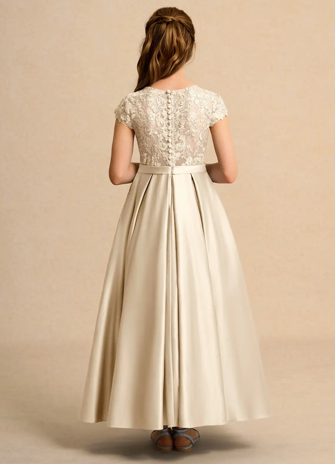 Round Neck Cap Sleeve Champagne Satin Full-Length Flower Girl Dresses with Lace Back, Waist Sash and Side Pockets
