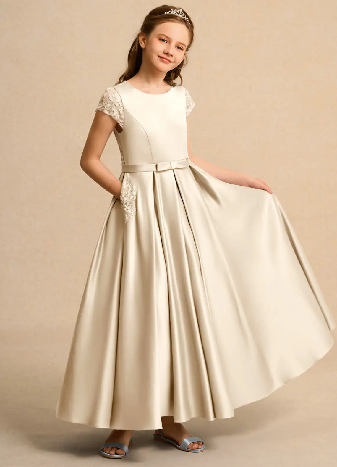 Round Neck Cap Sleeve Champagne Satin Full-Length Flower Girl Dresses with Lace Back, Waist Sash and Side Pockets