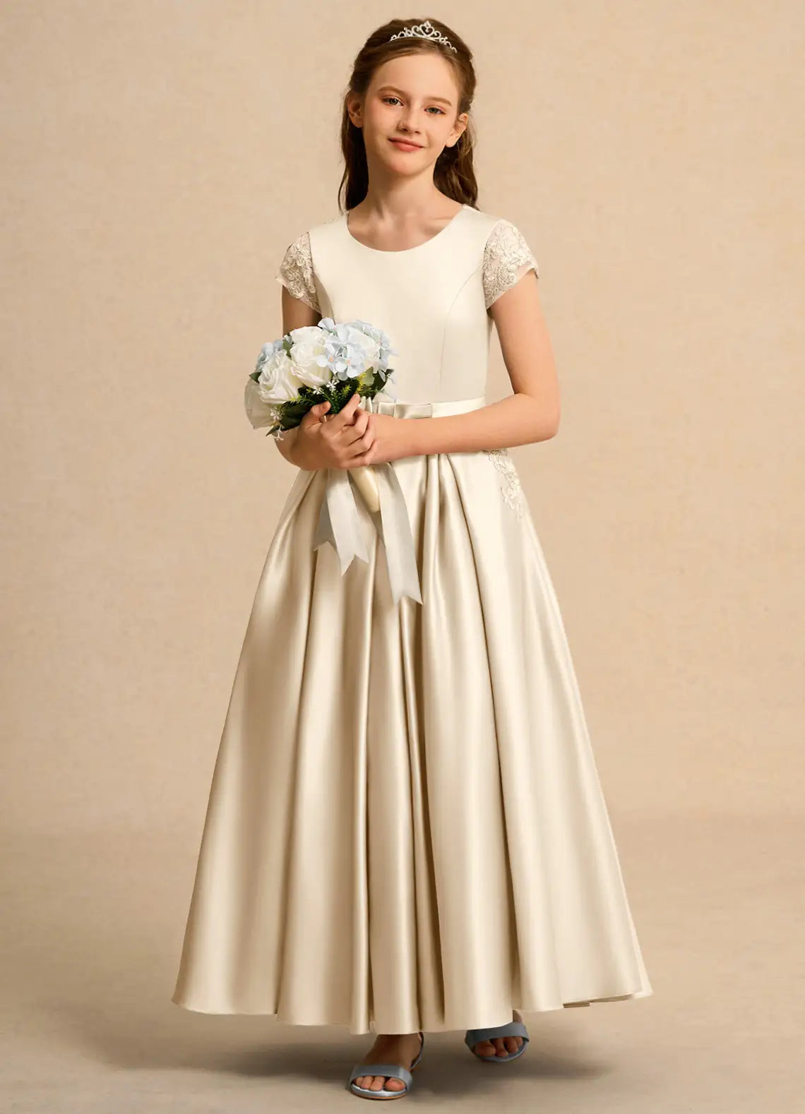 Round Neck Cap Sleeve Champagne Satin Full-Length Flower Girl Dresses with Lace Back, Waist Sash and Side Pockets