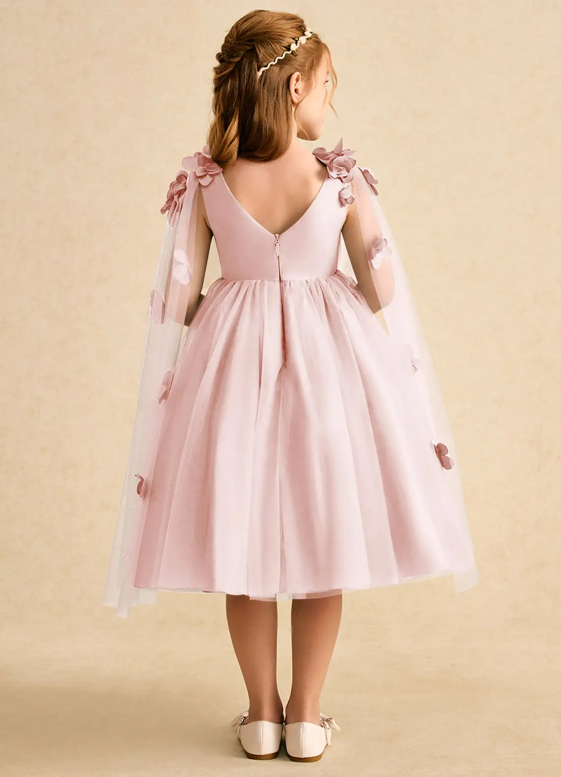 Round Neck Detachable Cape Tulle 3D Floral Dusty Pink Knee-Length Flower Girl Dresses