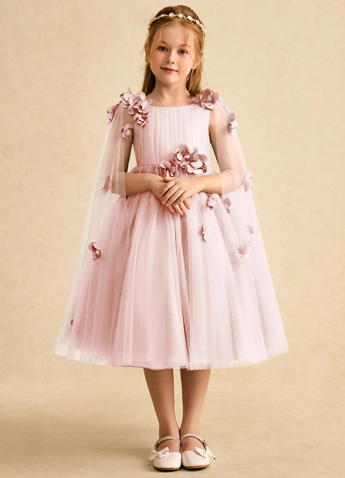 Round Neck Detachable Cape Tulle 3D Floral Dusty Pink Knee-Length Flower Girl Dresses