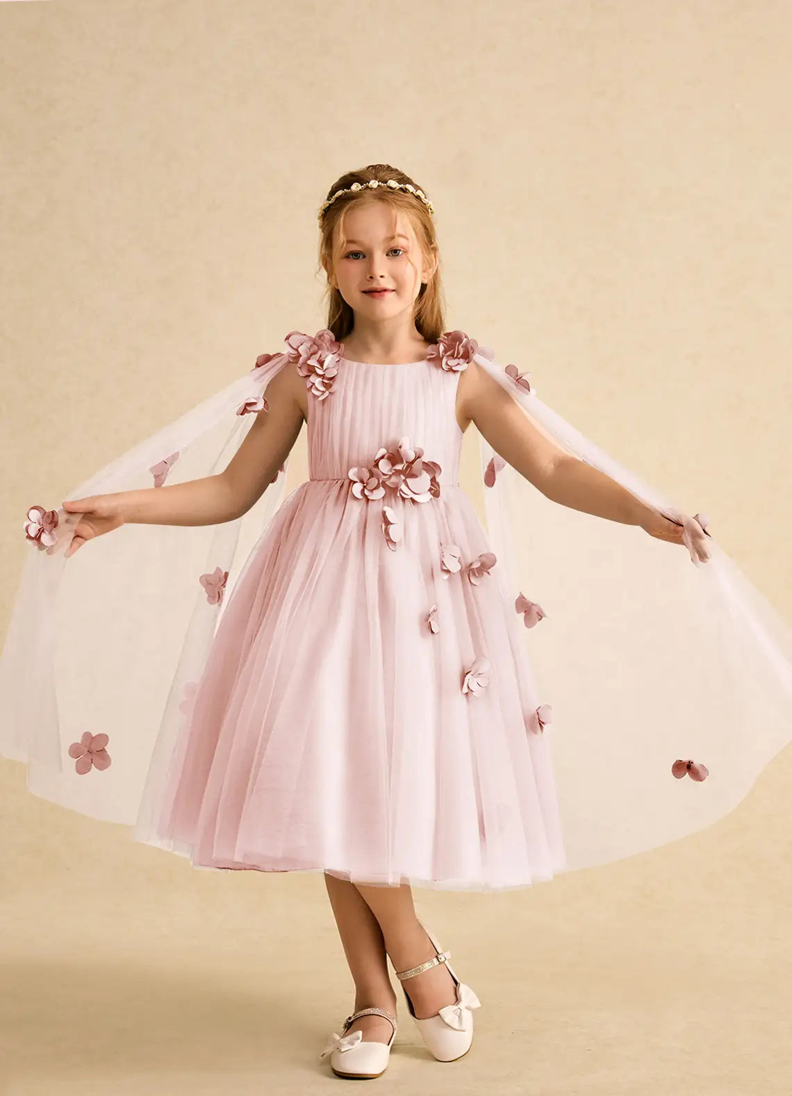 Round Neck Detachable Cape Tulle 3D Floral Dusty Pink Knee-Length Flower Girl Dresses