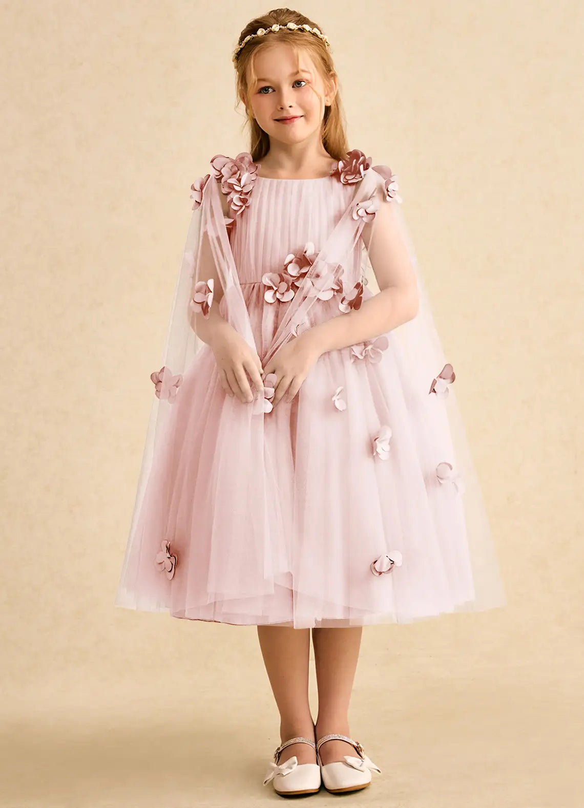 Round Neck Detachable Cape Tulle 3D Floral Dusty Pink Knee-Length Flower Girl Dresses
