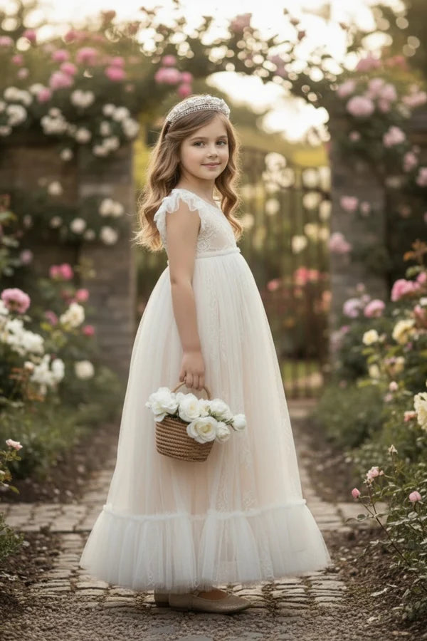 Round Neck Flutter Lace White Tulle Full Length Empire Waist Flower Girl Dresses