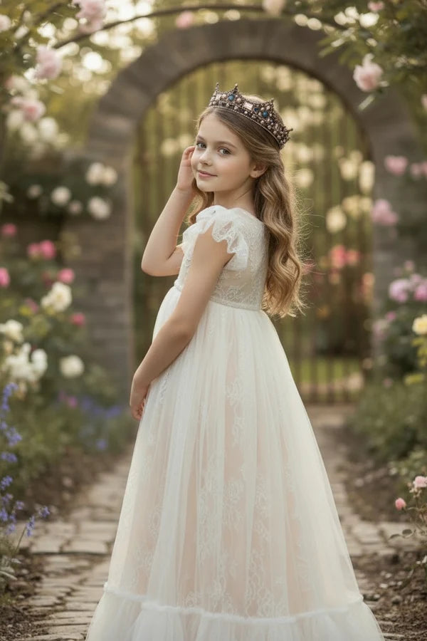 Round Neck Flutter Lace White Tulle Full Length Empire Waist Flower Girl Dresses