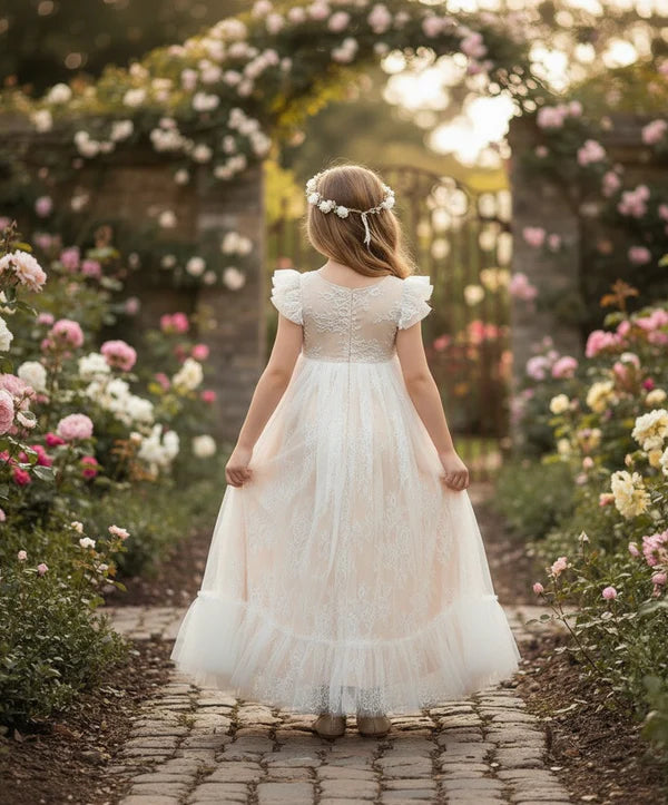 Round Neck Flutter Lace White Tulle Full Length Empire Waist Flower Girl Dresses