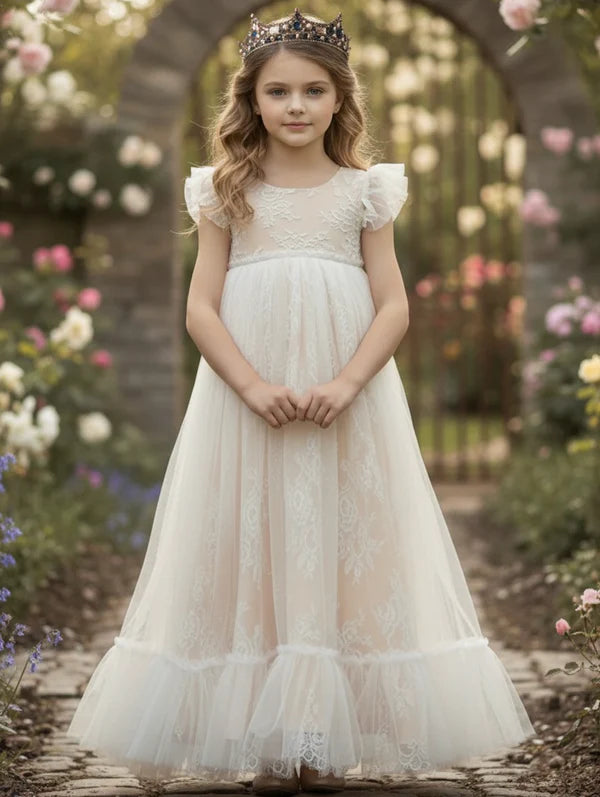 Round Neck Flutter Lace White Tulle Full Length Empire Waist Flower Girl Dresses