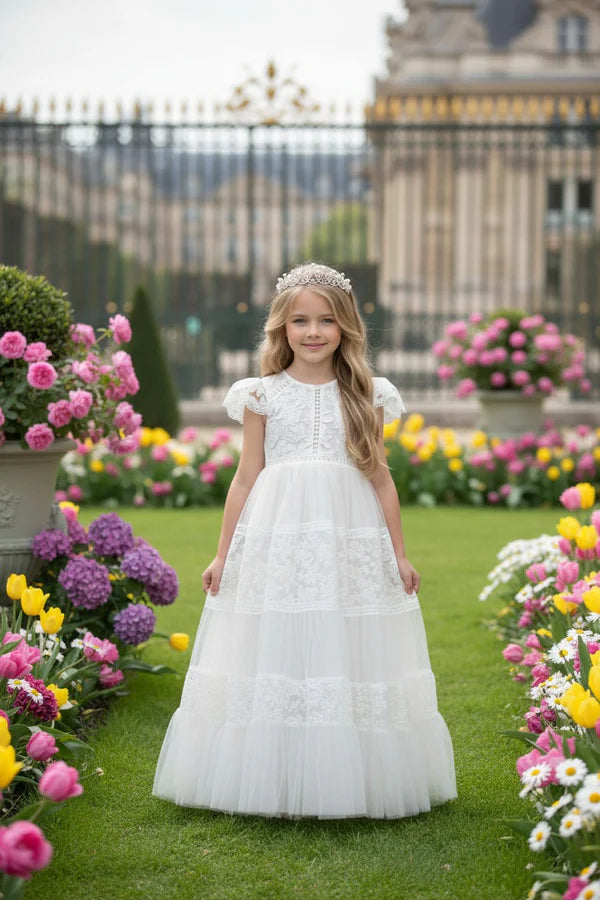 Round Neck Flutter Lace White Tulle Full Length Tiered Flower Girl Dresses