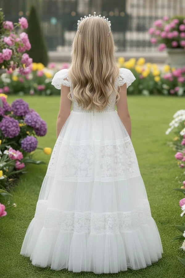 Round Neck Flutter Lace White Tulle Full Length Tiered Flower Girl Dresses
